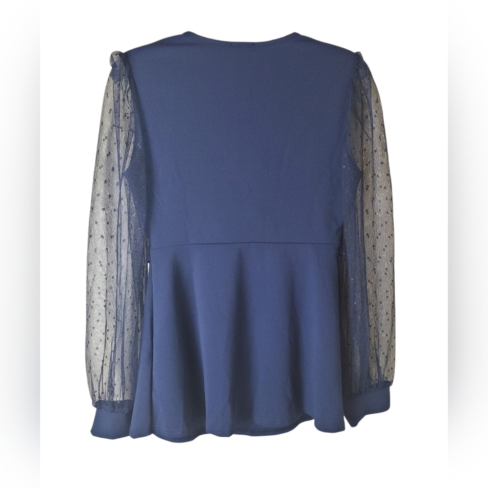 Venus Size M Elegant Navy Wrap Top with Sheer Sleeves - Picture 3 of 7